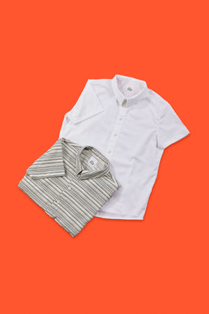white shirt sleeved shirt and striped folded up short sleeve shirt for people with dwarfism