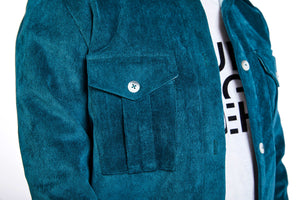 detailed view of buttons of blue corduroy jacket