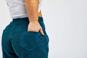 close up of back pocket of corduroy culotte pants