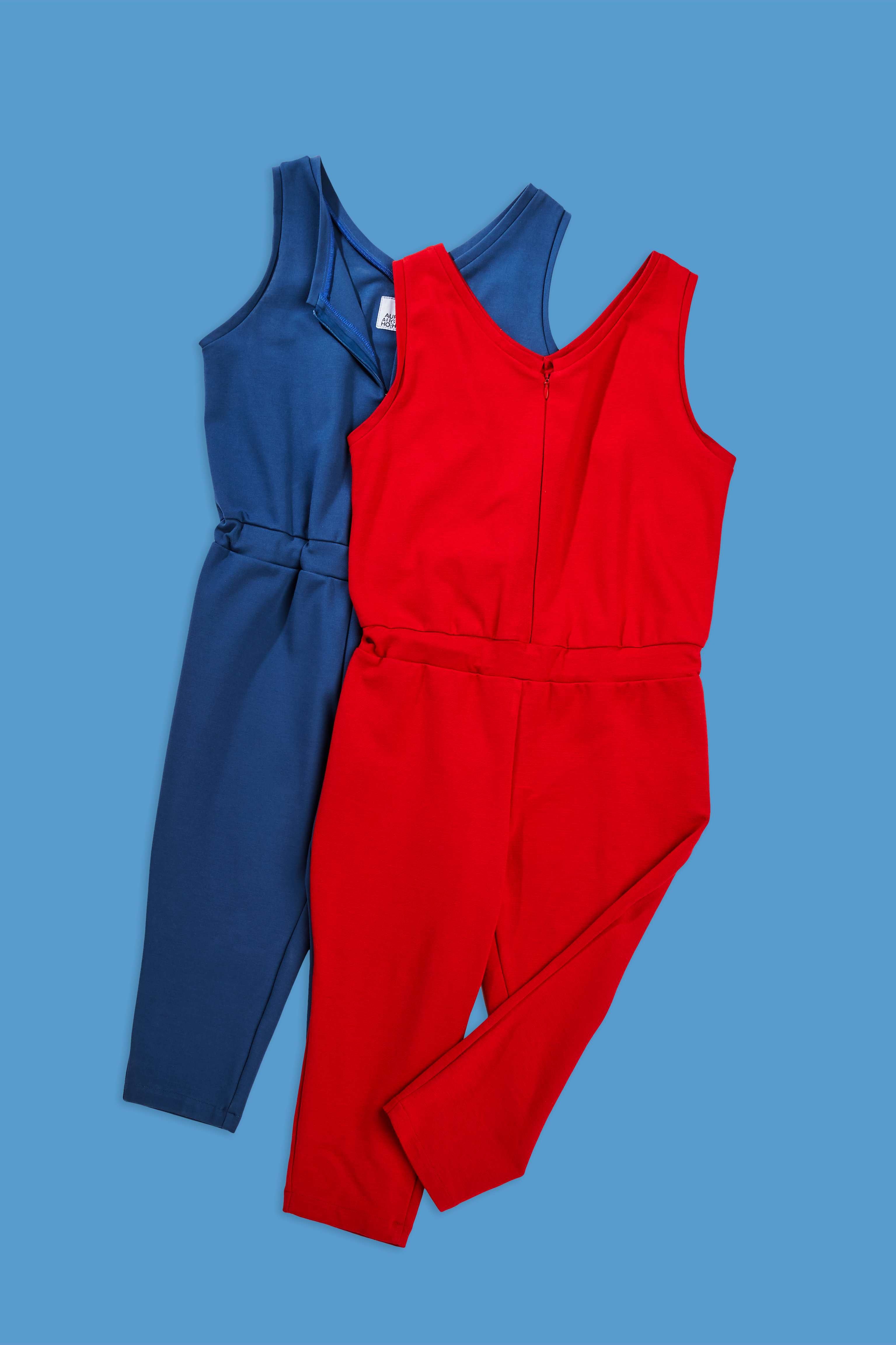 red and blue jumpsuits for people with dwarfism on blue background