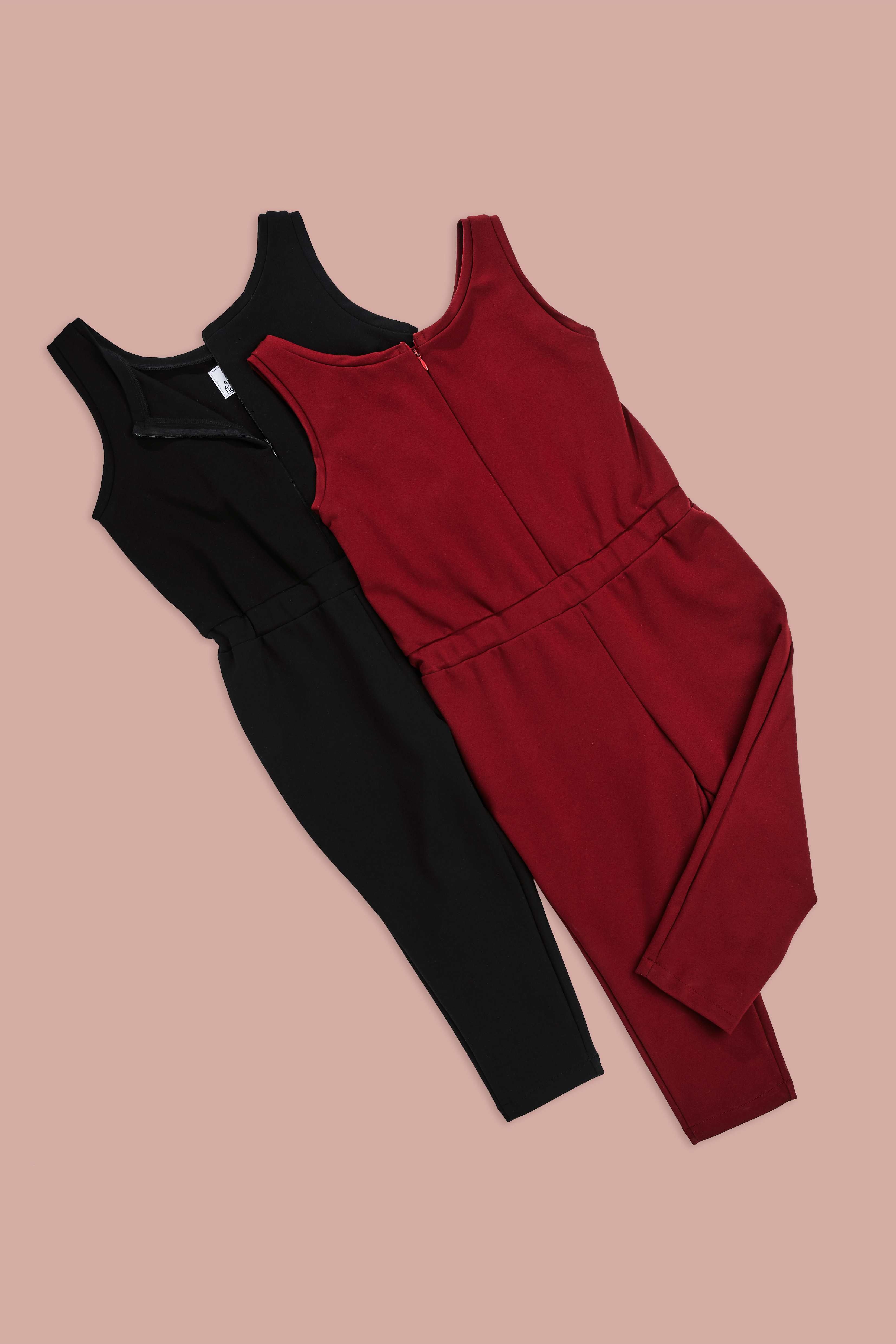 red and black jumpsuits for people with dwarfism on rose background