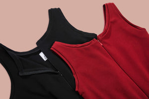 detailed view of red and blue jumpsuits zips