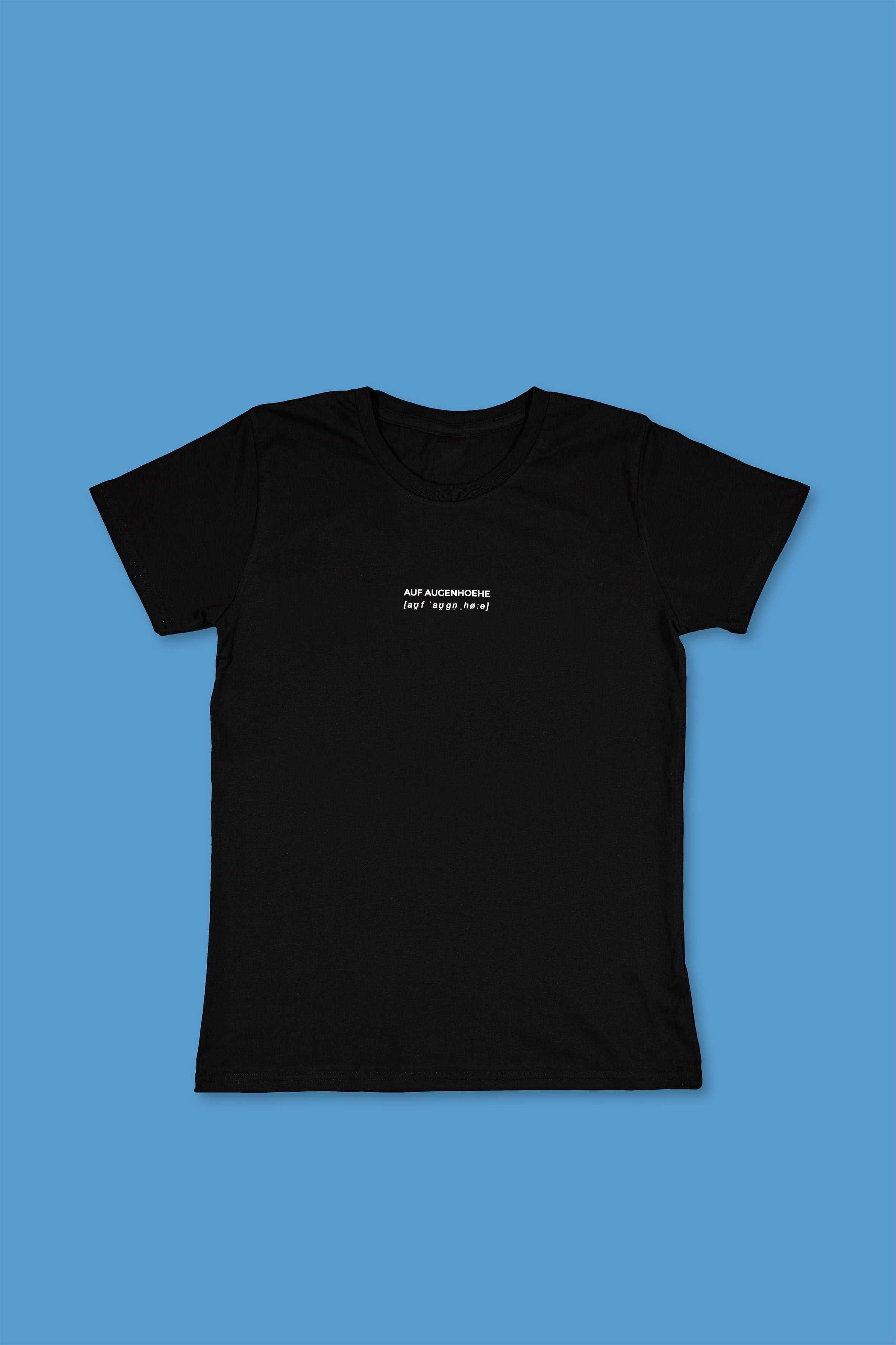 black t-shirt with white small text