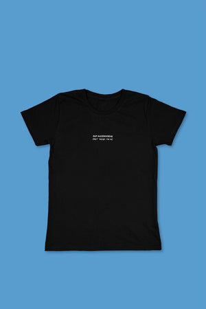 black t-shirt with white small text