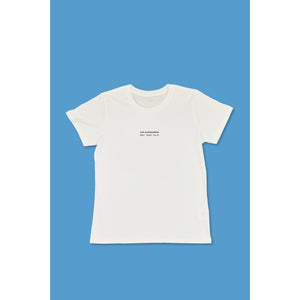 white t-shirt with black small text