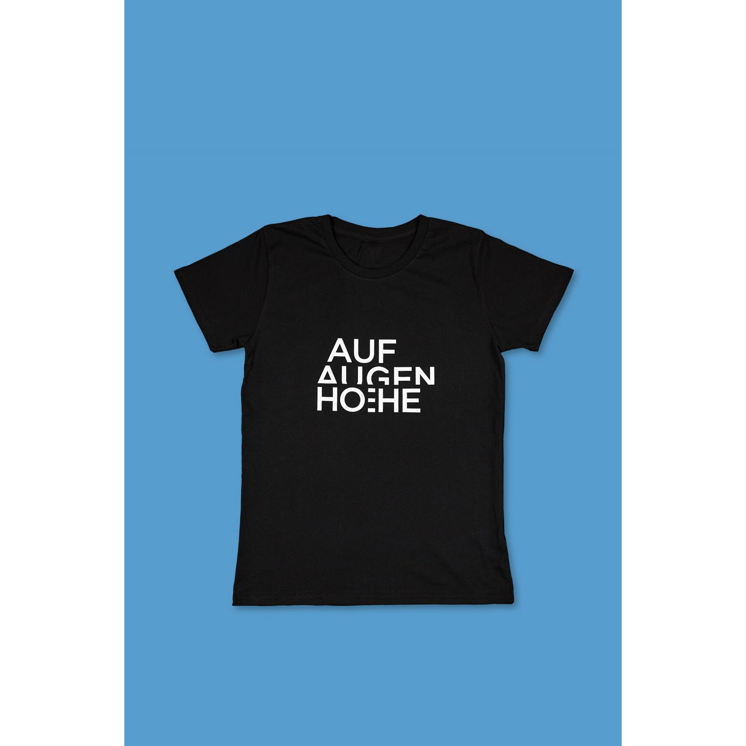 black t-shirt with big white text logo