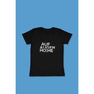 black t-shirt with big white text logo