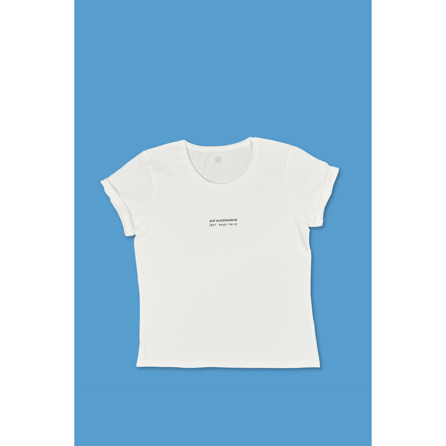 white t-shirt with black small text