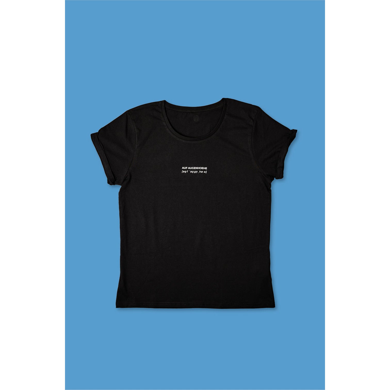 black t-shirt with white small text