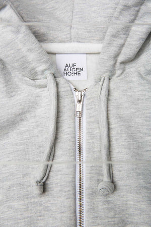 detailed view of grey hoodie zipper